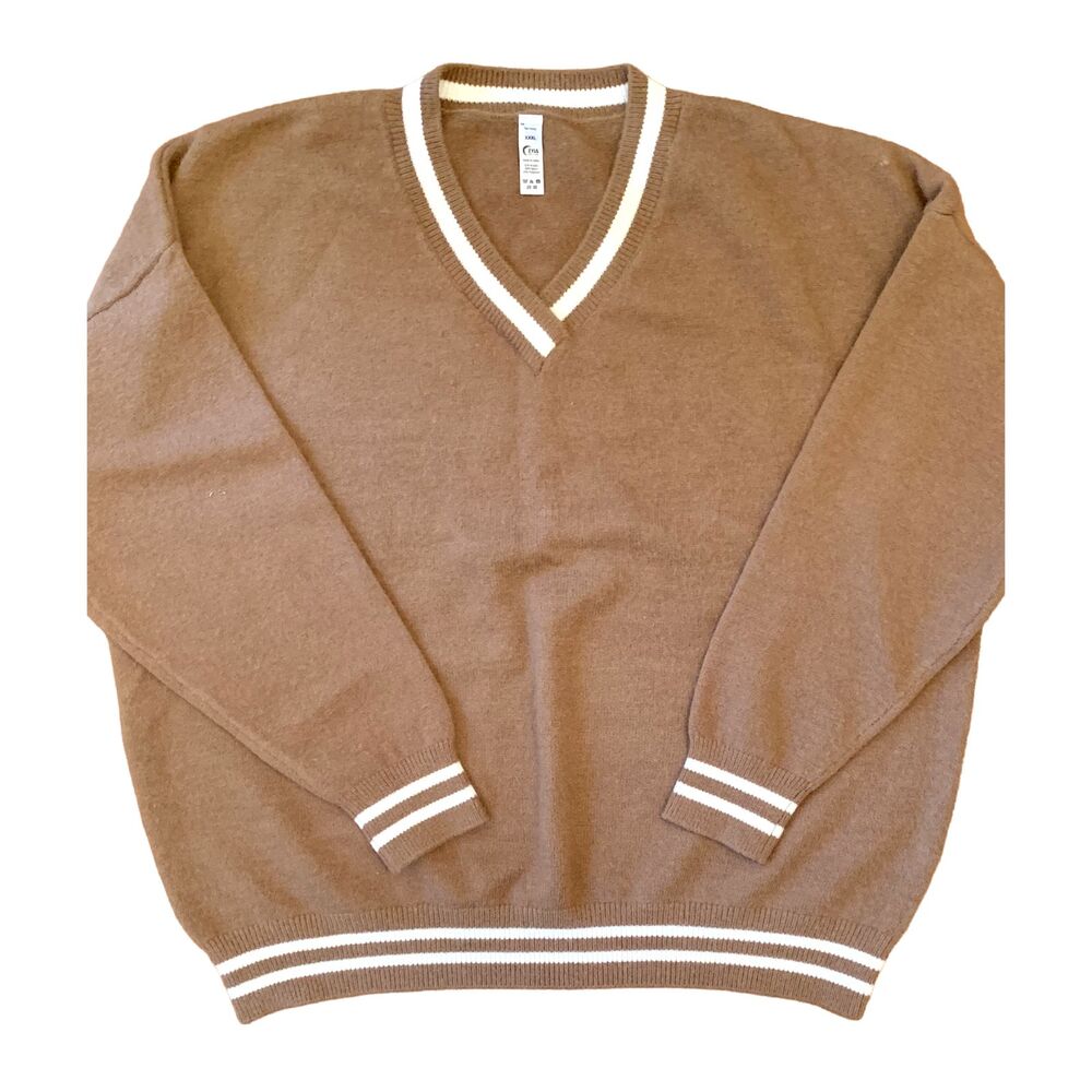 Zyia “Faye” Sweater Brown V Neck Varsity Stripe Knit Excellent | Sz XXXL